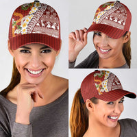 Hawaiian Plumeria Lei Classic Cap Kakau Motifs and Palaka Half Style Red Color - Polynesian Pride
