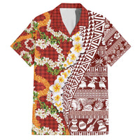 Hawaiian Plumeria Lei Family Matching Long Sleeve Bodycon Dress and Hawaiian Shirt Kakau Motifs and Palaka Half Style Red Color - Polynesian Pride