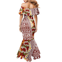 Hawaiian Plumeria Lei Family Matching Mermaid Dress and Hawaiian Shirt Kakau Motifs and Palaka Half Style Red Color LT03 - Polynesian Pride