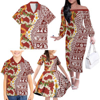 Hawaiian Plumeria Lei Family Matching Off The Shoulder Long Sleeve Dress and Hawaiian Shirt Kakau Motifs and Palaka Half Style Red Color - Polynesian Pride