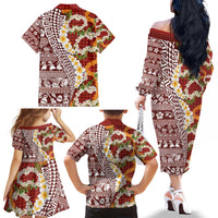 Hawaiian Plumeria Lei Family Matching Off The Shoulder Long Sleeve Dress and Hawaiian Shirt Kakau Motifs and Palaka Half Style Red Color - Polynesian Pride