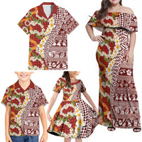 Hawaiian Plumeria Lei Family Matching Off Shoulder Maxi Dress and Hawaiian Shirt Kakau Motifs and Palaka Half Style Red Color - Polynesian Pride