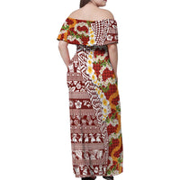 Hawaiian Plumeria Lei Family Matching Off Shoulder Maxi Dress and Hawaiian Shirt Kakau Motifs and Palaka Half Style Red Color - Polynesian Pride