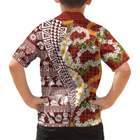 Hawaiian Plumeria Lei Family Matching Puletasi and Hawaiian Shirt Kakau Motifs and Palaka Half Style Red Color - Polynesian Pride