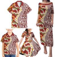 Hawaiian Plumeria Lei Family Matching Puletasi and Hawaiian Shirt Kakau Motifs and Palaka Half Style Red Color - Polynesian Pride