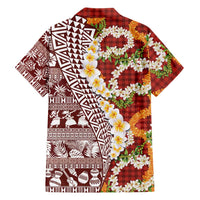Hawaiian Plumeria Lei Family Matching Puletasi and Hawaiian Shirt Kakau Motifs and Palaka Half Style Red Color - Polynesian Pride