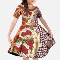 Hawaiian Plumeria Lei Family Matching Short Sleeve Bodycon Dress and Hawaiian Shirt Kakau Motifs and Palaka Half Style Red Color - Polynesian Pride