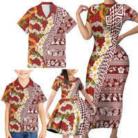 Hawaiian Plumeria Lei Family Matching Short Sleeve Bodycon Dress and Hawaiian Shirt Kakau Motifs and Palaka Half Style Red Color - Polynesian Pride