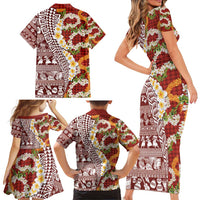 Hawaiian Plumeria Lei Family Matching Short Sleeve Bodycon Dress and Hawaiian Shirt Kakau Motifs and Palaka Half Style Red Color - Polynesian Pride