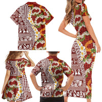 Hawaiian Plumeria Lei Family Matching Short Sleeve Bodycon Dress and Hawaiian Shirt Kakau Motifs and Palaka Half Style Red Color - Polynesian Pride