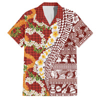 Hawaiian Plumeria Lei Family Matching Short Sleeve Bodycon Dress and Hawaiian Shirt Kakau Motifs and Palaka Half Style Red Color - Polynesian Pride