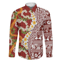 Hawaiian Plumeria Lei Family Matching Short Sleeve Bodycon Dress and Hawaiian Shirt Kakau Motifs and Palaka Half Style Red Color - Polynesian Pride