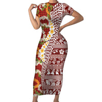 Hawaiian Plumeria Lei Family Matching Short Sleeve Bodycon Dress and Hawaiian Shirt Kakau Motifs and Palaka Half Style Red Color - Polynesian Pride