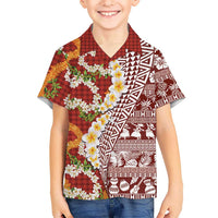 Hawaiian Plumeria Lei Family Matching Short Sleeve Bodycon Dress and Hawaiian Shirt Kakau Motifs and Palaka Half Style Red Color - Polynesian Pride