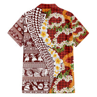 Hawaiian Plumeria Lei Family Matching Tank Maxi Dress and Hawaiian Shirt Kakau Motifs and Palaka Half Style Red Color - Polynesian Pride
