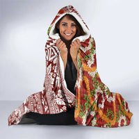 Hawaiian Plumeria Lei Hooded Blanket Kakau Motifs and Palaka Half Style Red Color - Polynesian Pride