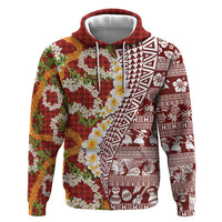 Hawaiian Plumeria Lei Hoodie Kakau Motifs and Palaka Half Style Red Color - Polynesian Pride