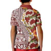 Hawaiian Plumeria Lei Kid Polo Shirt Kakau Motifs and Palaka Half Style Red Color - Polynesian Pride