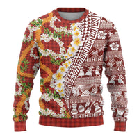 Hawaiian Plumeria Lei Ugly Christmas Sweater Kakau Motifs and Palaka Half Style Red Color - Polynesian Pride