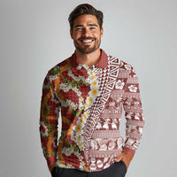 Hawaiian Plumeria Lei Long Sleeve Polo Shirt Kakau Motifs and Palaka Half Style Red Color - Polynesian Pride