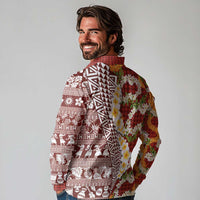 Hawaiian Plumeria Lei Long Sleeve Polo Shirt Kakau Motifs and Palaka Half Style Red Color - Polynesian Pride