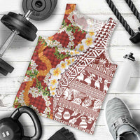 Hawaiian Plumeria Lei Men Tank Top Kakau Motifs and Palaka Half Style Red Color - Polynesian Pride