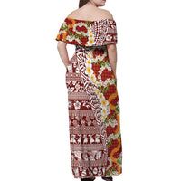 Hawaiian Plumeria Lei Off Shoulder Maxi Dress Kakau Motifs and Palaka Half Style Red Color - Polynesian Pride