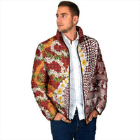 Hawaiian Plumeria Lei Padded Jacket Kakau Motifs and Palaka Half Style Red Color LT03 - Polynesian Pride