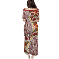 Hawaiian Plumeria Lei Puletasi Kakau Motifs and Palaka Half Style Red Color - Polynesian Pride