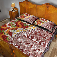 Hawaiian Plumeria Lei Quilt Bed Set Kakau Motifs and Palaka Half Style Red Color - Polynesian Pride