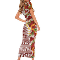 Hawaiian Plumeria Lei Short Sleeve Bodycon Dress Kakau Motifs and Palaka Half Style Red Color LT03 - Polynesian Pride