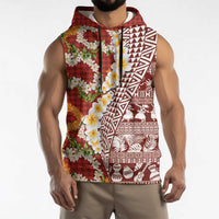 Hawaiian Plumeria Lei Sleeveless Hoodie Kakau Motifs and Palaka Half Style Red Color - Polynesian Pride