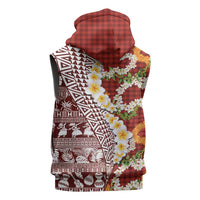 Hawaiian Plumeria Lei Sleeveless Zip Hoodie Kakau Motifs and Palaka Half Style Red Color - Polynesian Pride