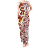 Hawaiian Plumeria Lei Tank Maxi Dress Kakau Motifs and Palaka Half Style Red Color - Polynesian Pride