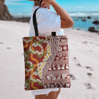 Hawaiian Plumeria Lei Tote Bag Kakau Motifs and Palaka Half Style Red Color - Polynesian Pride