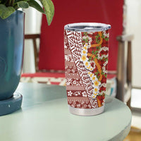 Hawaiian Plumeria Lei Tumbler Cup Kakau Motifs and Palaka Half Style Red Color - Polynesian Pride