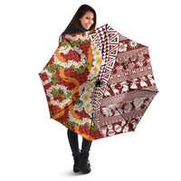 Hawaiian Plumeria Lei Umbrella Kakau Motifs and Palaka Half Style Red Color LT03 - Polynesian Pride