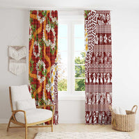 Hawaiian Plumeria Lei Window Curtain Kakau Motifs and Palaka Half Style Red Color - Polynesian Pride