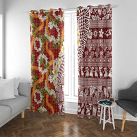 Hawaiian Plumeria Lei Window Curtain Kakau Motifs and Palaka Half Style Red Color - Polynesian Pride