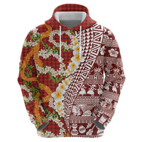 Hawaiian Plumeria Lei Zip Hoodie Kakau Motifs and Palaka Half Style Red Color - Polynesian Pride