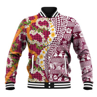 Hawaiian Plumeria Lei Baseball Jacket Kakau Motifs and Palaka Half Style Pink Color LT03 Unisex Pink - Polynesian Pride