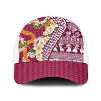 Hawaiian Plumeria Lei Baseball Net Cap Kakau Motifs and Palaka Half Style Pink Color LT03 One Size White Pink - Polynesian Pride