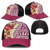 Hawaiian Plumeria Lei Baseball Net Cap Kakau Motifs and Palaka Half Style Pink Color LT03 - Polynesian Pride