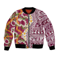 Hawaiian Plumeria Lei Bomber Jacket Kakau Motifs and Palaka Half Style Pink Color LT03 Unisex Pink - Polynesian Pride