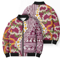 Hawaiian Plumeria Lei Bomber Puffer Jacket Kakau Motifs and Palaka Half Style Pink Color - Polynesian Pride