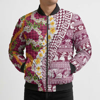 Hawaiian Plumeria Lei Bomber Puffer Jacket Kakau Motifs and Palaka Half Style Pink Color - Polynesian Pride