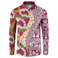 Hawaiian Plumeria Lei Button Sweatshirt Kakau Motifs and Palaka Half Style Pink Color - Polynesian Pride