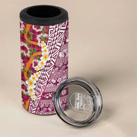 Hawaiian Plumeria Lei 4 in 1 Can Cooler Tumbler Kakau Motifs and Palaka Half Style Pink Color - Polynesian Pride