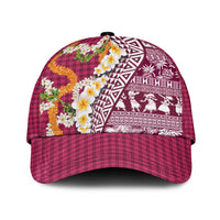 Hawaiian Plumeria Lei Classic Cap Kakau Motifs and Palaka Half Style Pink Color - Polynesian Pride