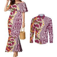 Hawaiian Plumeria Lei Couples Matching Mermaid Dress and Long Sleeve Button Shirt Kakau Motifs and Palaka Half Style Pink Color - Polynesian Pride